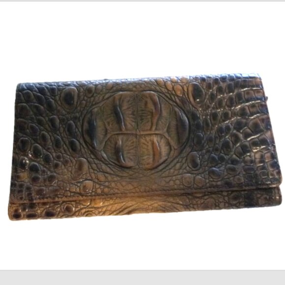 Brahmin Melbourne Checkbook Wallet Brown Embossed Leather Snap Close Card Holder - Picture 1 of 11